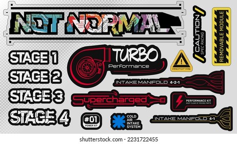 Cyberpunk decals set of vector stickers and labels in futuristic style. Inscriptions and symbols,not normal, turbo perfomance, supercharged, intake manifold 4-2-1 vs 4-1, spec racing, caution, stage.