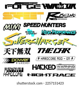 Cyberpunk decals set. Set of vector stickers and labels in futuristic style. Inscriptions and symbols, Japanese hieroglyphs for matchless, keyless entry.