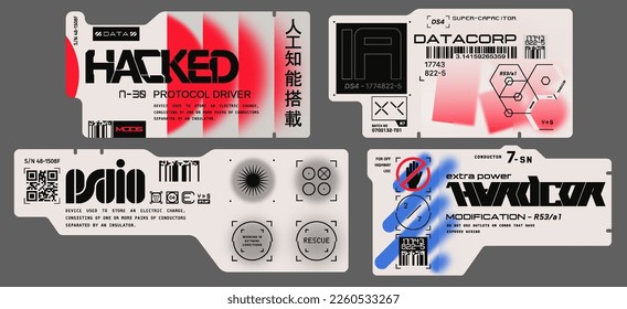 Cyberpunk decals set. Set of vector stickers and labels in futuristic style. Inscriptions and symbols, Japanese hieroglyphs for matchless, AI controlled.