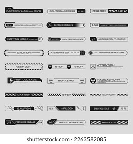 Ciberpunk decals set. Conjunto de pegatinas vectoriales y etiquetas de estilo futurista. Inscripciones y símbolos de peligro, atención, precaución, etc. Botones para sitios web, aplicaciones móviles.