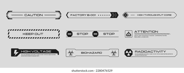 Cyberpunk decals set. Set of vector stickers and labels in futuristic style. Inscriptions and symbols for danger, attention, Caution, etc. Buttons for websites, mobile applications.