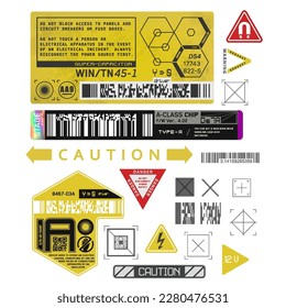 Cyberpunk decals set. Set of vector stickers and labels in futuristic style. Inscriptions and symbols, Japanese hieroglyphs for danger, attention, AI controlled, high voltage, warning.