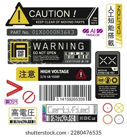 Cyberpunk decals set. Set of vector stickers and labels in futuristic style. Inscriptions and symbols, Japanese hieroglyphs for danger, attention, AI controlled, high voltage, warning.