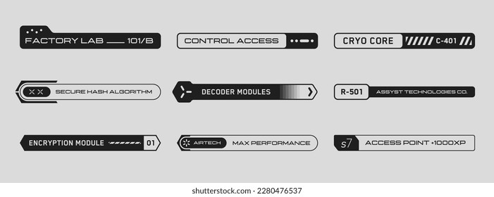 Cyberpunk decals set. Set of vector stickers and labels in futuristic style. Inscriptions and symbols for danger, attention, Caution, etc. Buttons for websites, mobile applications.