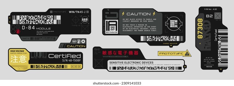 Cyberpunk-Decals-Set. Set von Vektoraufklebern und Etiketten im futuristischen Stil. Inschriften, Symbole. Japanische Hieroglyphen für empfindliche elektronische Geräte, Hochspannung.