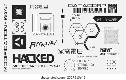 Cyberpunk decals set. Set of vector stickers and labels in futuristic style. Inscriptions and symbols, Japanese hieroglyphs for danger, attention, AI controlled, high voltage, warning.