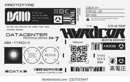 Cyberpunk decals set. Set of vector stickers and labels in futuristic style. Inscriptions and symbols, Japanese hieroglyphs for danger, attention, AI controlled, high voltage, warning.