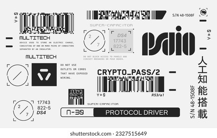 Cyberpunk-Decals-Set. Set von Vektoraufklebern und Etiketten im futuristischen Stil. Inschriften und Symbole, japanische Hieroglyphen für Gefahr, Aufmerksamkeit, AI-gesteuert, Hochspannung, Warnung.