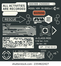 Cyberpunk decals set. Set of vector stickers and labels in futuristic style. Warning signs, Inscriptions and symbols. Chinese hieroglyphs for Stop