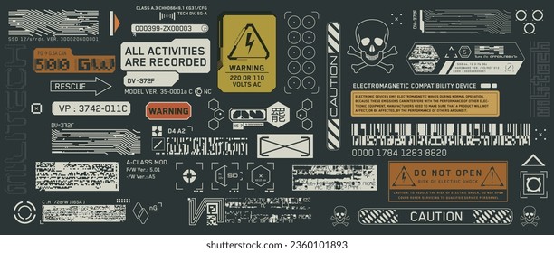 Cyberpunk decals set. Set of vector stickers and labels in futuristic style. Warning signs, futuristic Inscriptions and technical symbols. Chinese hieroglyphs for Stop