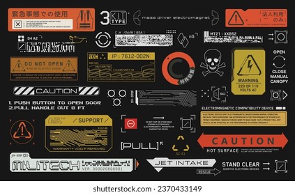 Cyberpunk decals set. Set of vector stickers and labels in futuristic style. Inscriptions and symbols. Japanese hieroglyphs for Use in emergency situations, Corporate use only, Special equipment.