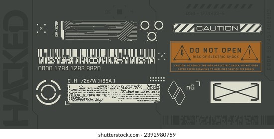 Cyberpunk decals set. Set of vector stickers and labels in futuristic style. Warning signs, futuristic Inscriptions and technical symbols.