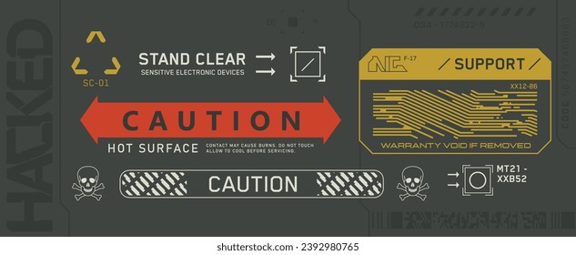 Cyberpunk decals set. Set of vector stickers and labels in futuristic style. Warning signs, futuristic Inscriptions and technical symbols.