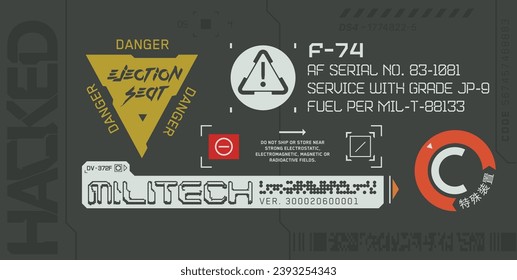 Cyberpunk decals set. Set of vector stickers and labels in futuristic style. Warning signs, futuristic Inscriptions and technical symbols. Chinese hieroglyphs for Special Device