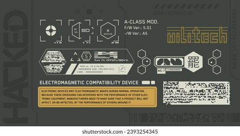 Cyberpunk decals set. Set of vector stickers and labels in futuristic style. Warning signs, futuristic Inscriptions and technical symbols. Chinese hieroglyphs for Stop