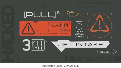 Cyberpunk-Decals-Set. Set von Vektoraufklebern und Etiketten im futuristischen Stil. Warnschilder, futuristische Inschriften und technische Symbole. Chinesische Hieroglyphen nur für den gewerblichen Gebrauch