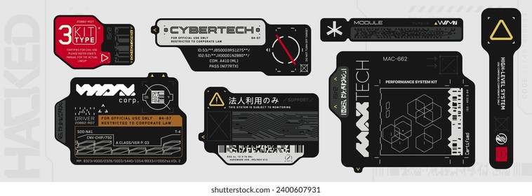 Cyberpunk-Decals-Set. Set von Vektoraufklebern und Etiketten im futuristischen Stil. Inschriften und Symbole, nur japanische Hieroglyphen für den gewerblichen Gebrauch