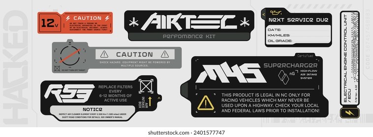 Ciberpunk decals set. Conjunto de pegatinas vectoriales y etiquetas de estilo futurista. Inscripciones y símbolos, jeroglíficos japoneses para uso corporativo solamente