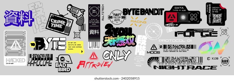 Cyberpunk decals set. Set of vector stickers and labels in futuristic style. Inscriptions and symbols, Japanese hieroglyphs for matchless, step, material