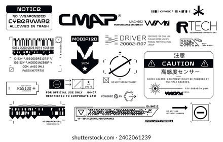 Cyberpunk decals set. Set of vector stickers and labels in futuristic style. Warning signs, futuristic Inscriptions and technical symbols. Japanese hieroglyphs Notice, High sensitivity sensor