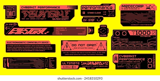 Cyberpunk decals set. Set of vector stickers and labels in futuristic mecha style. Sci-fi Inscriptions and symbols, Mechsuit font.