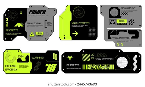 Cyberpunk decals set. Set of vector stickers and labels in futuristic style. Buttons for websites, mobile applications.