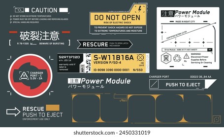 Set de calcomanías Cyberpunk. Conjunto de pegatinas y Vectores en estilo futurista. Inscripciones y símbolos, jeroglíficos japoneses para Cuidado con la explosión, Precaución, Módulo de energía