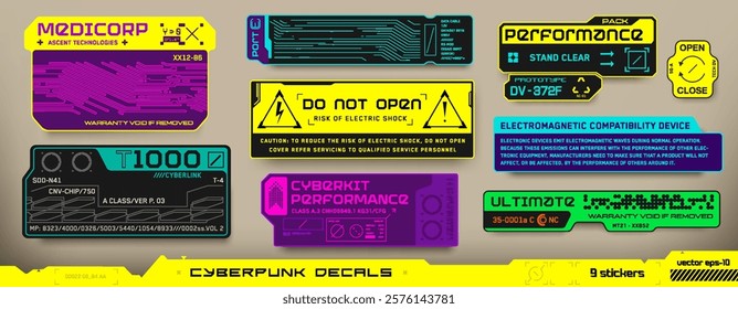 Cyberpunk decals set. Set of vector stickers and labels in futuristic style. Inscriptions and symbols