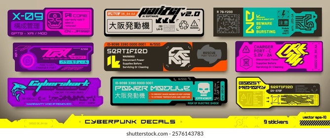 Cyberpunk decals set. Set of vector stickers and labels in futuristic style. Inscriptions and symbols, Japanese hieroglyphs for configuration management, note, osaka motors.