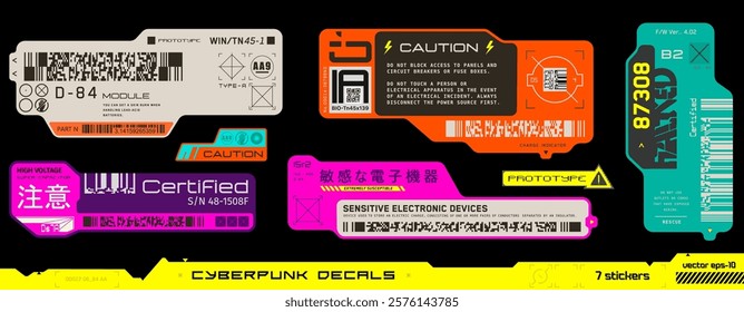 Cyberpunk decals set. Set of vector stickers and labels in futuristic style. Inscriptions, symbols. Japanese hieroglyphs for sensitive electronic devices, high voltage