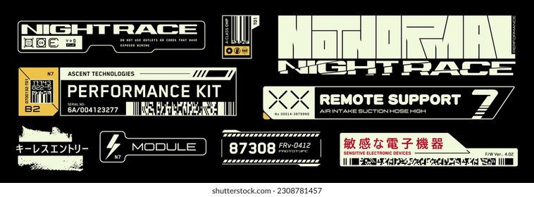 Cyberpunk decals, stickers, labels in futuristic style. Inscriptions, symbols. Japanese hieroglyphs for keyless entry, sensitive electronic devices. For printing on bags, gadgets, laptops, phone cases