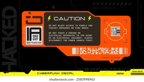 Cyberpunk decals. Vector sticker, label in futuristic style. Inscription Caution