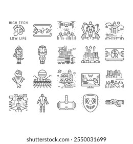 cyberpunk digital city future icons set vector. cyber technology, modern street, night light, building urban, fantasy, town blue cyberpunk digital city future black contour illustrations
