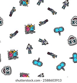 cyberpunk digital city future vector seamless pattern thin line illustration