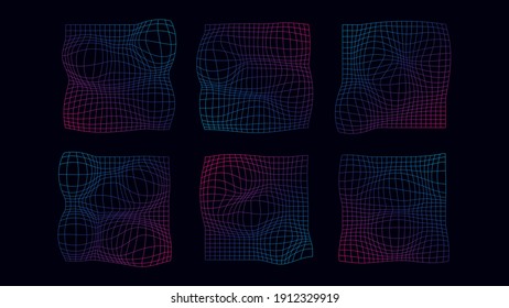 Cyberpunk Distorted Neon Grid Mesh. Sythwave, Vaporwave, Retrowave, Abstract Style Grid Vectors. Futuristic Modern Background Element in 80's 90's Retro Technology Laser Gradient. 3D Wavy Lines.