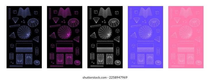 Cyberpunk elements futuristic perspective grid. Social media stories design template 3D wireframe structure shape of cone, globe, donut, cube, block, and cylinder in neon blue, pink, and purple color