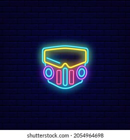 Cyberpunk face mask neon icon. Future with robot technology. Night bright signboard. Outer glowing effect banner. Editable stroke. Isolated vector stock illustration