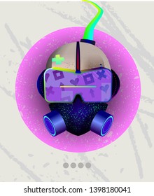 Cyberpunk face skull with respirator with implants and a tube from the head with virtual reality glasses with geometric frayed patterns with an abstract grunge background