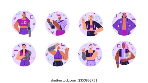 Cyberpunk female and male characters set, cartoon flat vector illustration isolated on white background. Cyberpunk subculture fashionable young people avatars.