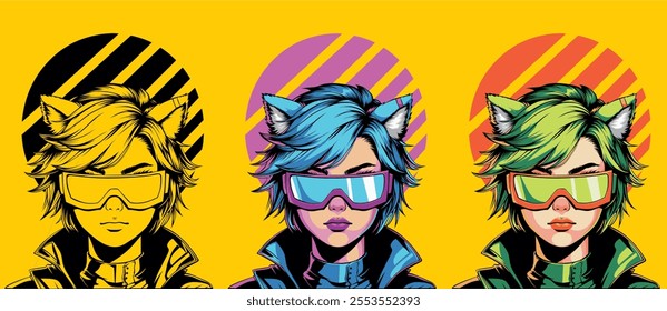 Cyberpunk Female Portrait striking blue hair, cat ears, and reflective high-tech glasses. Design Vector Art