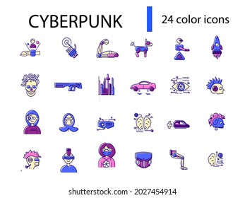 Cyberpunk-Flachikonen-Set. Zukunft mit Robotertechnik. Apokalypse-Idee. Konfrontation zwischen Mensch und Roboter. Sammlung von Farbsymbolen. Einzelne Vektorgrafik