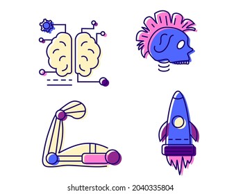 Cyberpunk flat icons set. Muscular arm with exoskeleton. Bio-robot gadgets and rocket. Color symbols collection. Isolated vector stock illustration