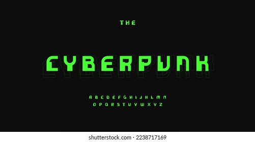 Cyberpunk font, retro digital typeset. Green hacker alphabet, pixel unusual type. Cyber tech letters for microchip hud, network ai, database UI. Vector typographic design