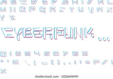 Cyberpunk font. White vector font with violet and blue elements