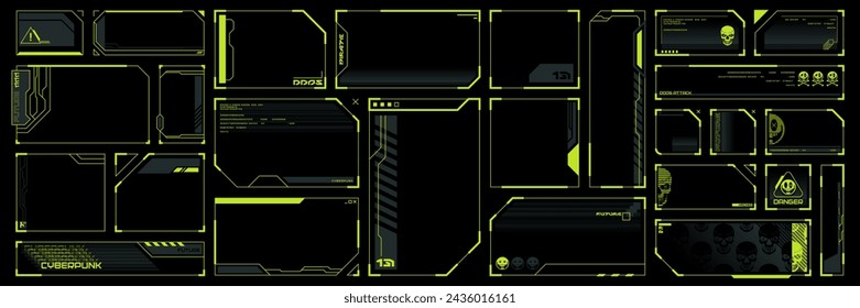 Cyberpunk Frames isolated on black background, vector mockup for futuristic works