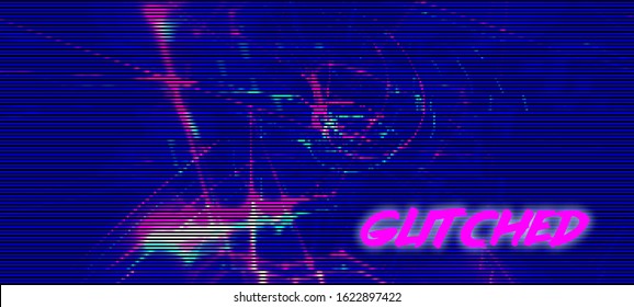 Cyberpunk future concept. Vector illustration of an abstract glitch background with RGB-shift effect.  Colorful techno backdrop with aesthetics of retrowave style of 80's.