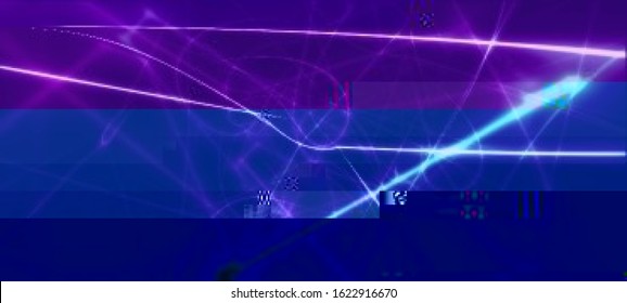 Cyberpunk future concept. Vector illustration of an abstract glitch background with RGB-shift effect.  Colorful techno backdrop with aesthetics of retrowave style of 80's.