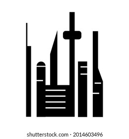 Cyberpunk futuristic city with skyscrapers glyph icon. Futuristic city. Apocalypse idea. Black symbol. Isolated vector stock illustration