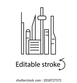 Cyberpunk futuristische Stadt mit Wolkenkratzern Umriss Symbol. Futuristische Stadt. Apokalypse-Idee. Anpassbares Linear-Kontursymbol. Bearbeitbarer Strich. Einzelne Vektorgrafik