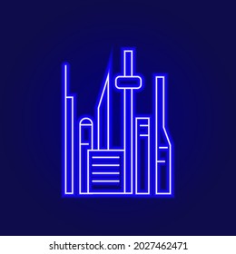 Cyberpunk futuristic city with skyscrapers outline icon. Futuristic city. Blue neon symbol. Isolated vector stock illustration